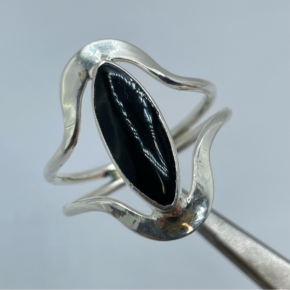 Vintage Mexico Black Onyx Ring Silver Modernist Marquise Bold Southwestern